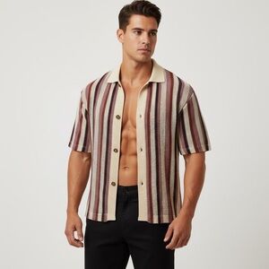 ZARA Men's CROCHET KNIT Cotton TEXTURED STRIPED SHIRT Short Sleeve Sz M